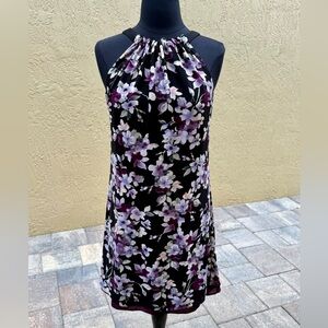 $160 WHITE HOUSE BLACK MARKET Purple Black Floral Halter Tie Midi Dress Sz 2